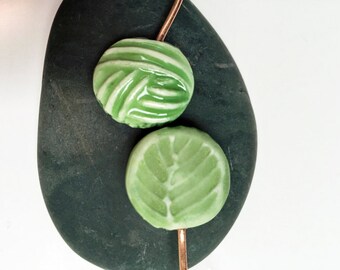 Watercolour Moss Green Yarn Ball and Leaf Shawl Pin  handmade clay knitting accessory imprinted on 2 sides