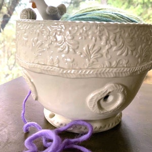 Little Chicken Porcelain Yarn Bowl wide base, indented rim, 3 yarn feeds. Strong and Lovable image 2