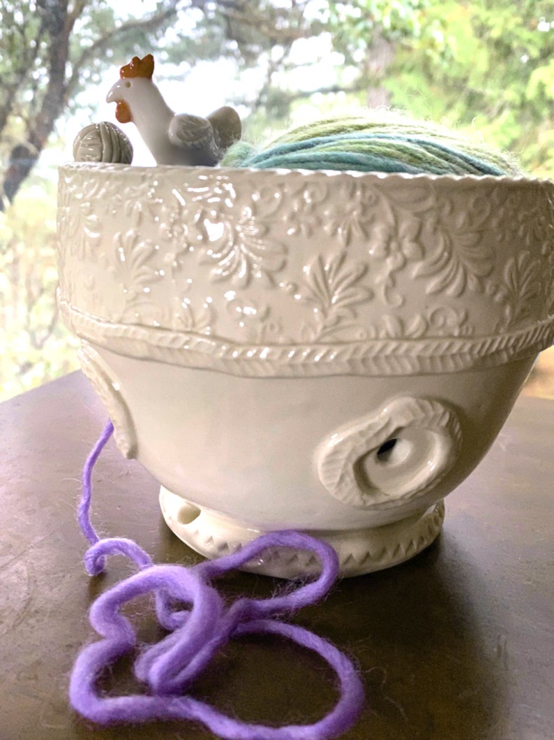 Little Chicken Porcelain Yarn Bowl wide base, indented rim, 3 yarn feeds. Strong and Lovable image 2