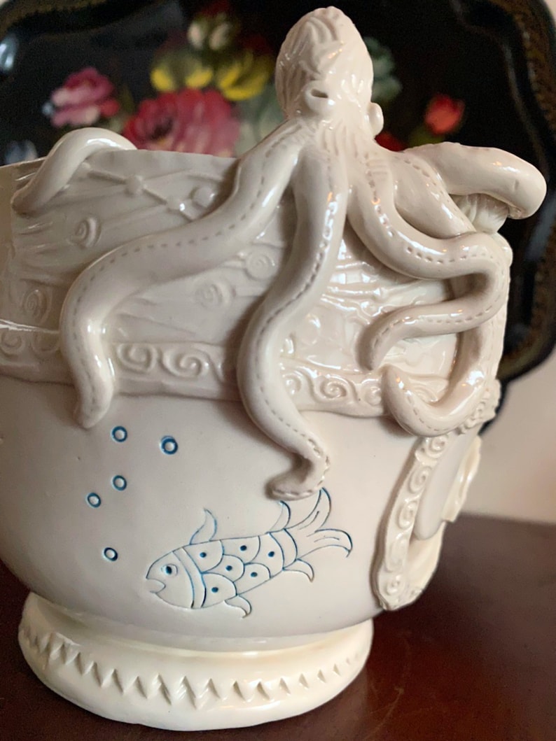 Octopus Porcelain Yarn Bowl wide base, indented rim, 3 yarn feeds. Strong and Lovable image 3
