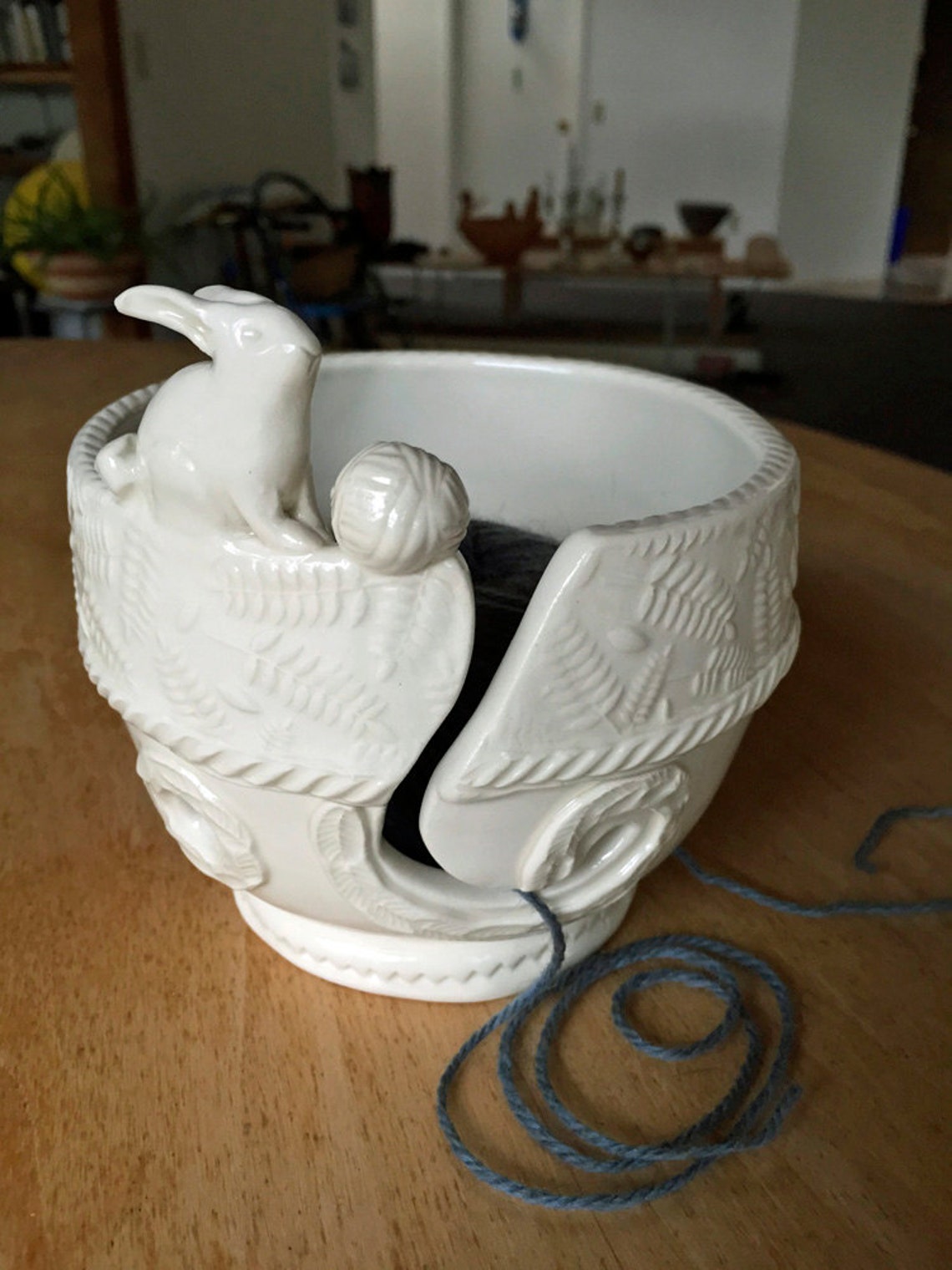 Rabbit Porcelain Yarn Bowl wide base indented rim 3 yarn Etsy