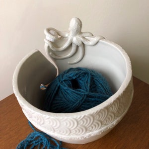Octopus Porcelain Yarn Bowl wide base, indented rim, 3 yarn feeds. Strong and Lovable image 4