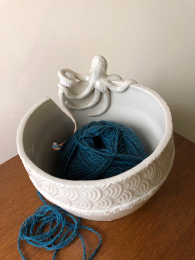 Octopus Porcelain Yarn Bowl wide base, indented rim, 3 yarn feeds. Strong and Lovable image 4