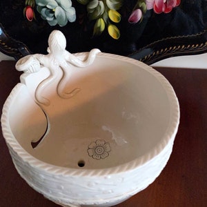 Octopus Porcelain Yarn Bowl wide base, indented rim, 3 yarn feeds. Strong and Lovable image 5