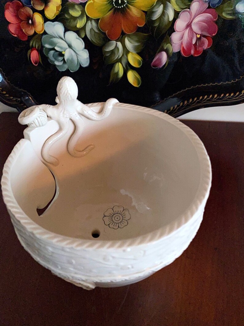 Octopus Porcelain Yarn Bowl wide base, indented rim, 3 yarn feeds. Strong and Lovable image 5
