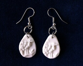 Porcelain Sheep Earrings with silver findings handmade with imprinted knitting stockinette stitch on back