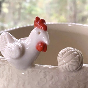 Little Chicken Porcelain Yarn Bowl wide base, indented rim, 3 yarn feeds. Strong and Lovable