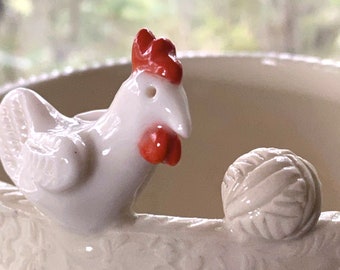 Little Chicken Porcelain Yarn Bowl wide base, indented rim, 3 yarn feeds. Strong and Lovable