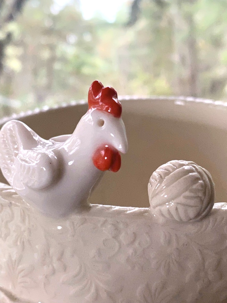 Little Chicken Porcelain Yarn Bowl wide base, indented rim, 3 yarn feeds. Strong and Lovable image 1
