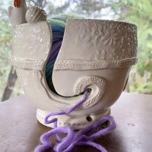 Little Chicken Porcelain Yarn Bowl wide base, indented rim, 3 yarn feeds. Strong and Lovable image 3