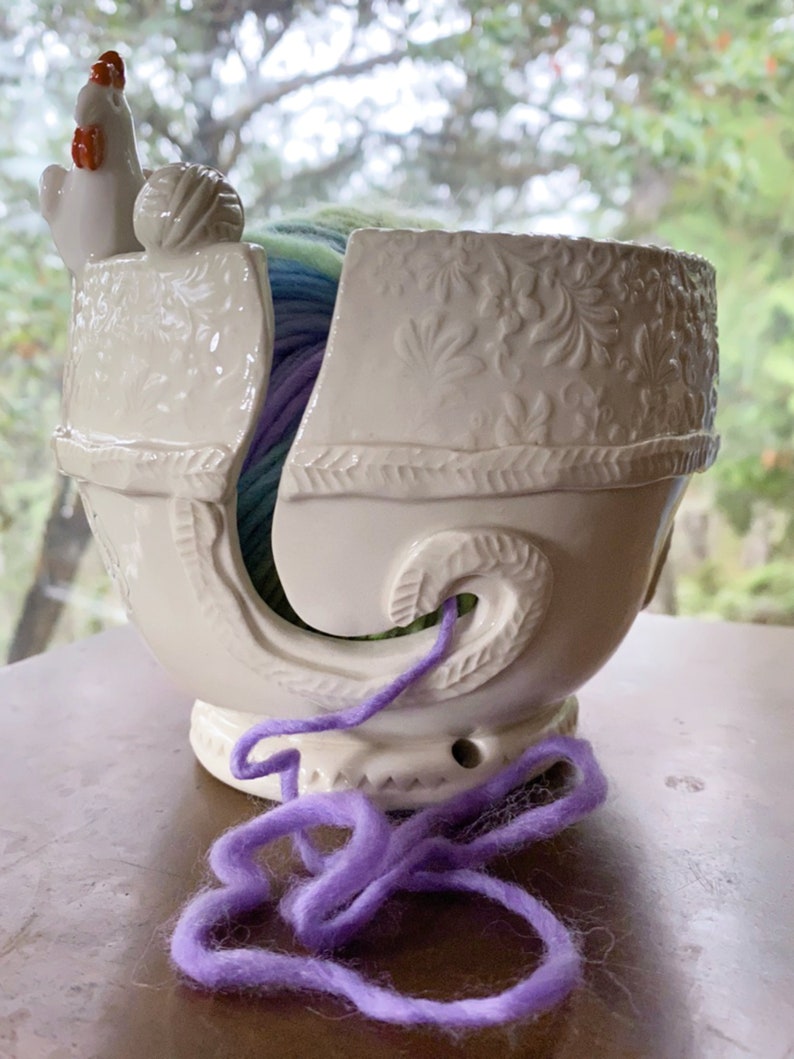 Little Chicken Porcelain Yarn Bowl wide base, indented rim, 3 yarn feeds. Strong and Lovable image 3