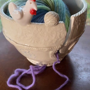 Little Chicken Porcelain Yarn Bowl wide base, indented rim, 3 yarn feeds. Strong and Lovable image 6