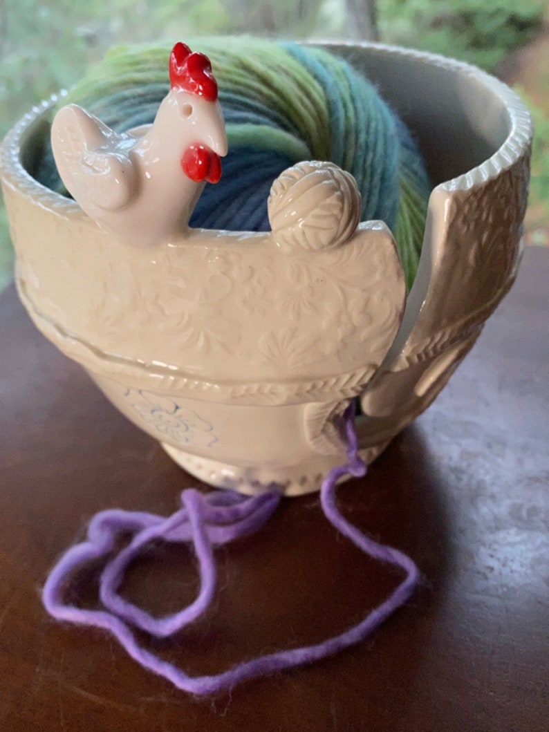 Little Chicken Porcelain Yarn Bowl wide base, indented rim, 3 yarn feeds. Strong and Lovable image 6