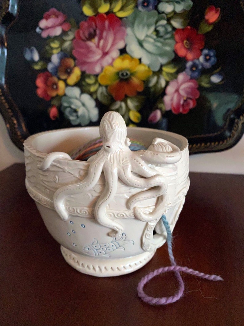 Octopus Porcelain Yarn Bowl wide base, indented rim, 3 yarn feeds. Strong and Lovable image 1