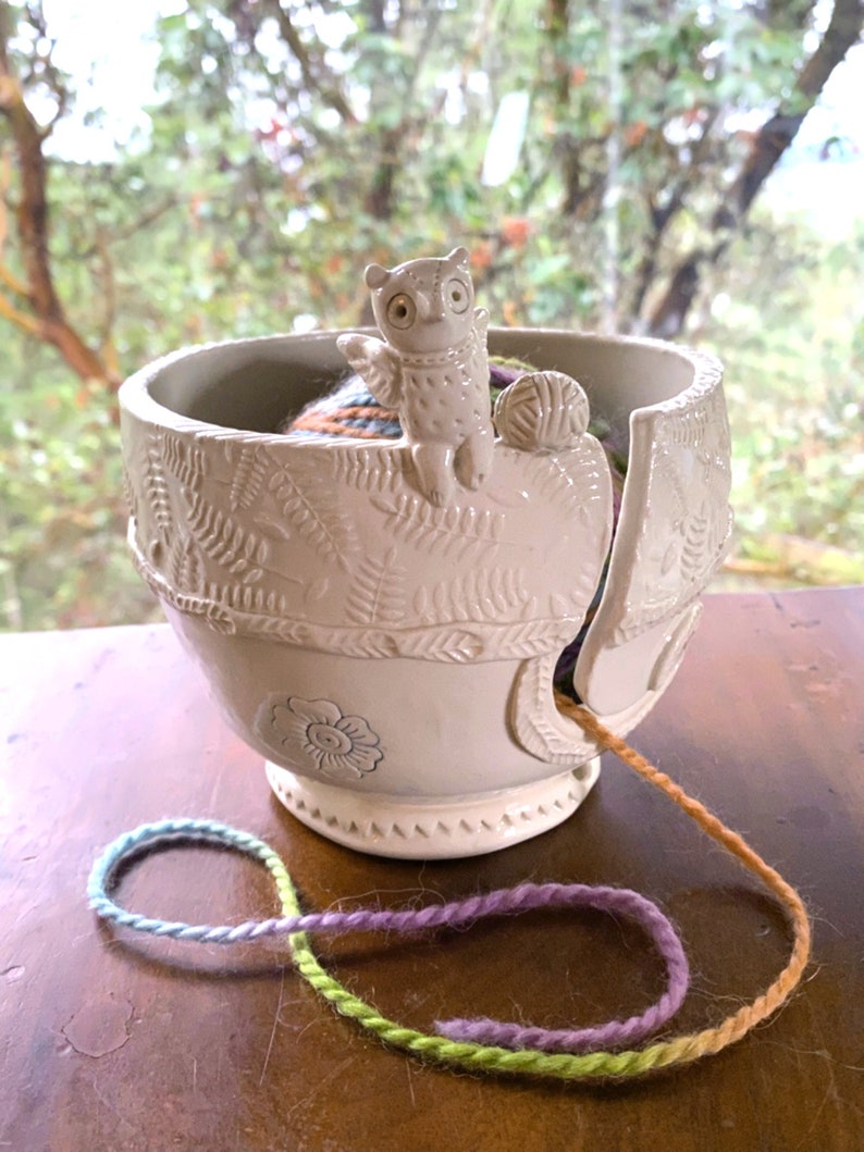 Owl Porcelain Yarn Bowl Wide Base Indented Rim 2 Yarn Feeds. Etsy