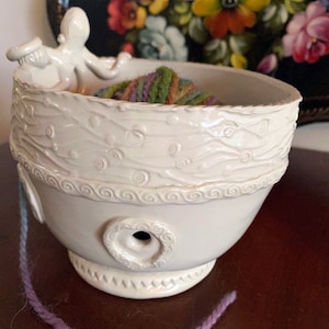 Octopus Porcelain Yarn Bowl wide base, indented rim, 3 yarn feeds. Strong and Lovable image 7