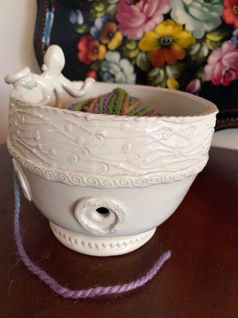 Octopus Porcelain Yarn Bowl wide base, indented rim, 3 yarn feeds. Strong and Lovable image 7
