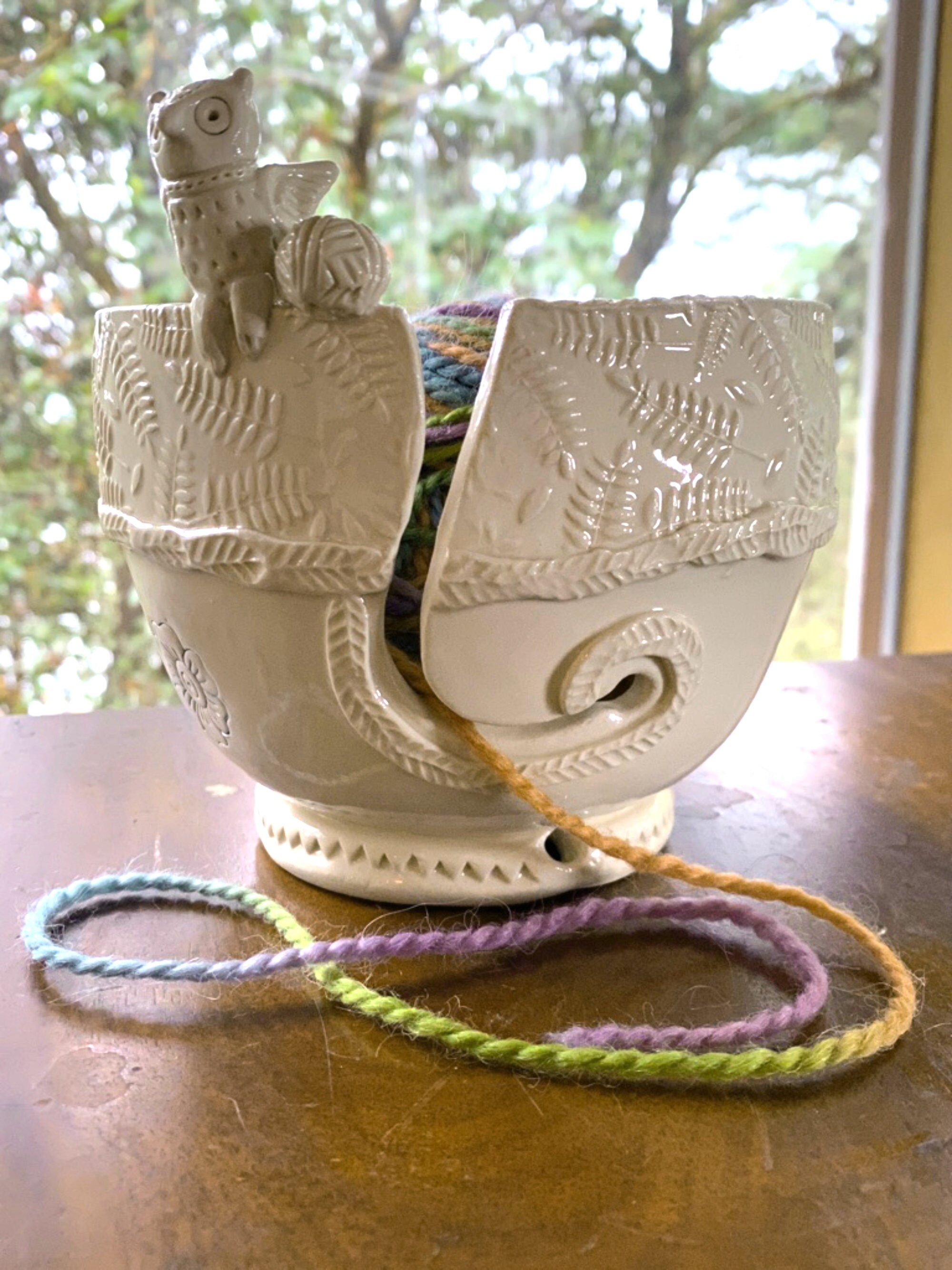 Owl Porcelain Yarn Bowl Wide Base Indented Rim 2 Yarn Feeds. Etsy