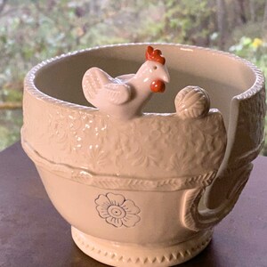 Little Chicken Porcelain Yarn Bowl wide base, indented rim, 3 yarn feeds. Strong and Lovable image 7