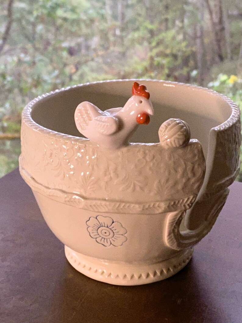 Little Chicken Porcelain Yarn Bowl wide base, indented rim, 3 yarn feeds. Strong and Lovable image 7