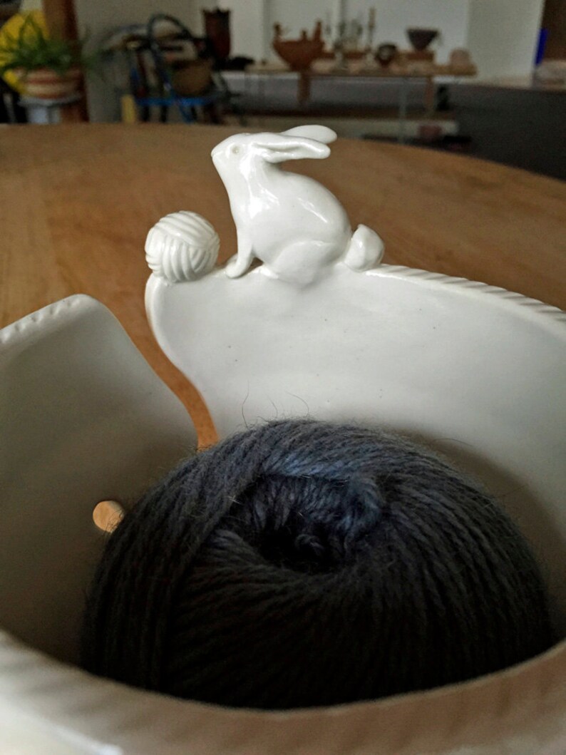 Rabbit Porcelain Yarn Bowl wide base indented rim 3 yarn Etsy