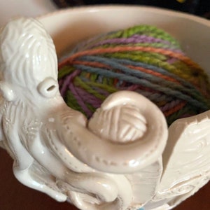 Octopus Porcelain Yarn Bowl wide base, indented rim, 3 yarn feeds. Strong and Lovable image 8