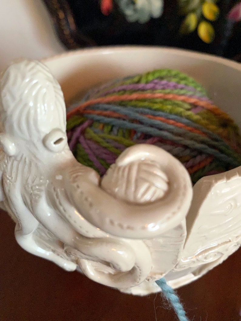 Octopus Porcelain Yarn Bowl wide base, indented rim, 3 yarn feeds. Strong and Lovable image 8