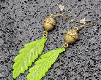 Brass Acorn Earrings -Green