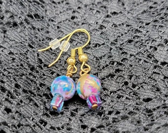 Beaded Earring, pink, blue, and gold