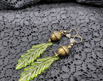 Brass Acorn Earrings - Clear Green