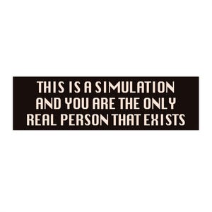 May include: A rectangular black sign with white text that reads: "THIS IS A SIMULATION AND YOU ARE THE ONLY REAL PERSON THAT EXISTS."