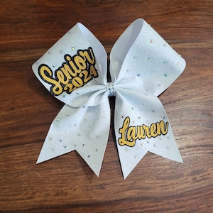 Full Glitter Senior Cheer Bow/Cheer Bow / Dance Bow / Softball Bow with Rhinestones and 2 names Layered.