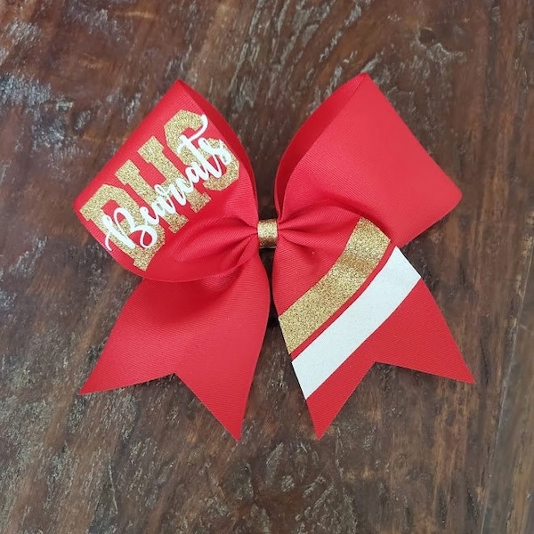 Custom Cheer Bow/softball bow/dance bow with 2 stripes and 2 names.