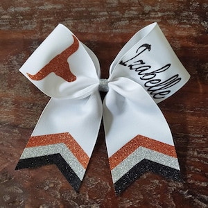 Custom Cheer Bow/softball bow/dance bow with 2 names and 3 Chevron colors on tails.