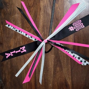 Custom Soccer Spirit Ribbons/Pony O/Hair Streamers with 1 Glitter Name