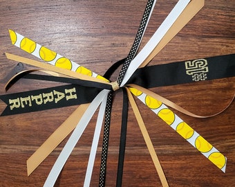 Custom Softball Hair Tie Streamer/Pony-O ribbons/ Spirit Ribbons / Softball Ribbons with 1 Glitter Name and 1 Number.