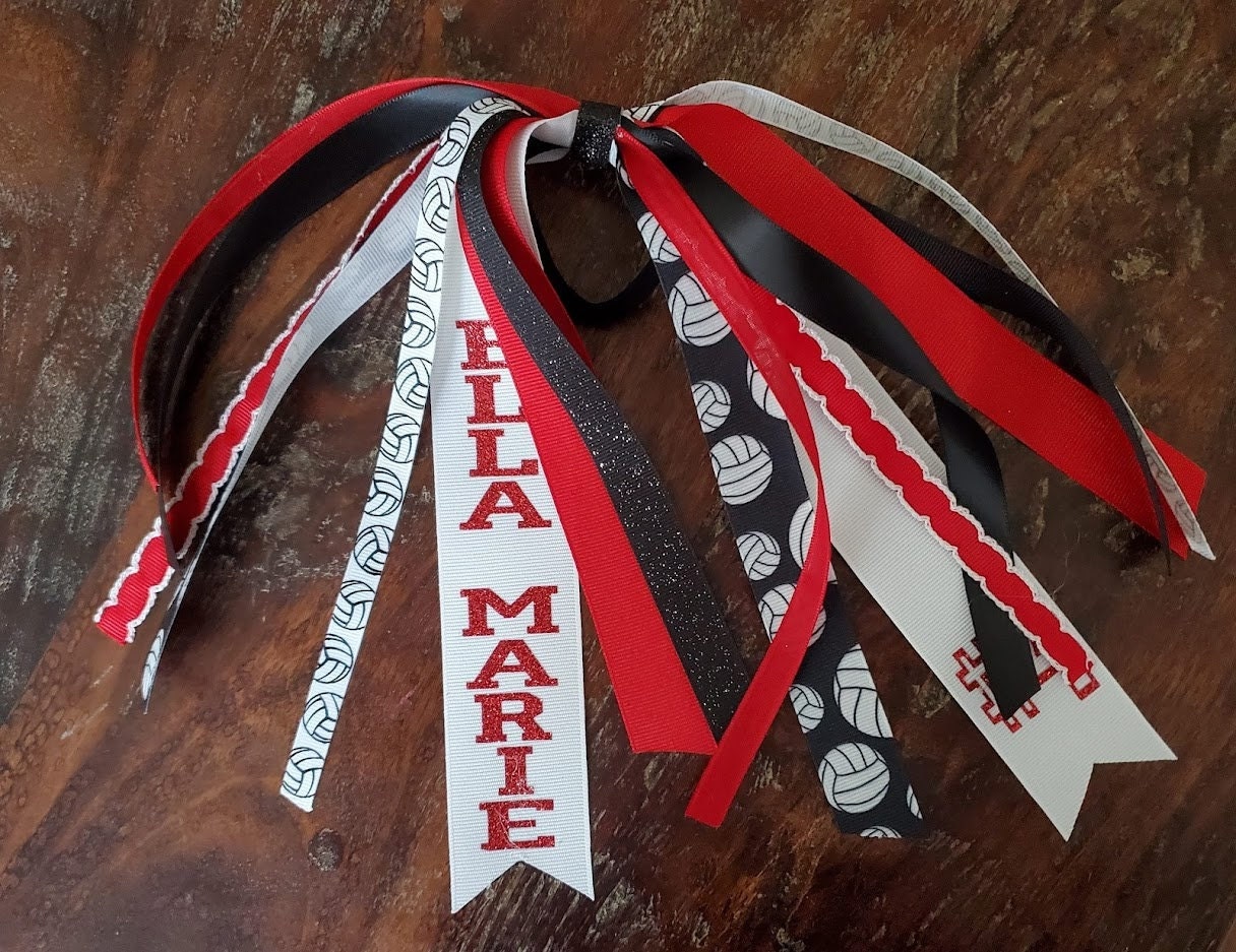 Custom Volleyball Hair Tie Streamer/pony-o Ribbons/ Spirit Ribbons / Volleyball  Ribbons With 1 Glitter Name and 1 Number. 