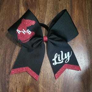 Custom Cheer Bow/softball bow/dance bow with  3 names and Chevron tail.