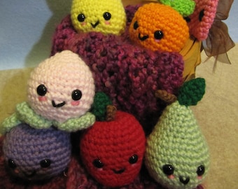 May include: A basket filled with crocheted fruit plushies. The plushies are a pineapple, orange, watermelon, plum, apple, and pear. Each plush has a smiling face.