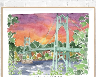 St. Johns Bridge, Portland Oregon watercolor art print