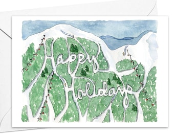 Downhill Ski Map Happy Holidays Card / individual or card pack