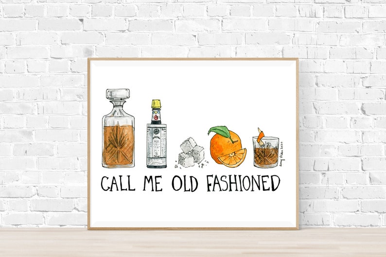 Call Me Old Fashioned Cocktail Art Print / Bar cart art image 1