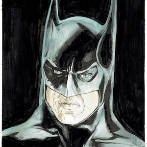 May include: A black and gray illustration of Batman, a superhero, with a dark background. The illustration is drawn in a comic book style.