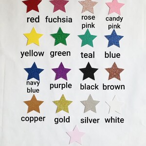 May include: A collection of 14 star-shaped glitter paper cutouts in various colors, including red, fuchsia, rose pink, candy pink, yellow, green, teal, blue, navy blue, purple, black, brown, copper, gold, silver, white, and holographic.