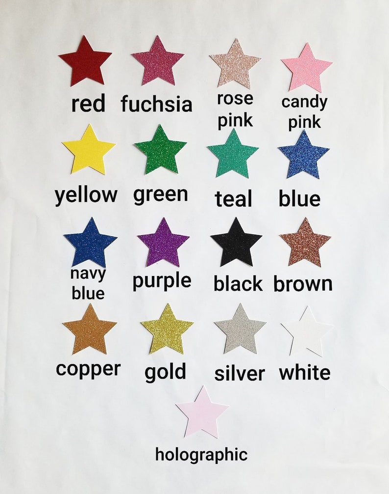 May include: A collection of 14 star-shaped glitter paper cutouts in various colors, including red, fuchsia, rose pink, candy pink, yellow, green, teal, blue, navy blue, purple, black, brown, copper, gold, silver, white, and holographic.