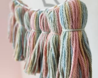 Muted rainbow yarn tassel garland - yarn tassel wall hanging - boho decor