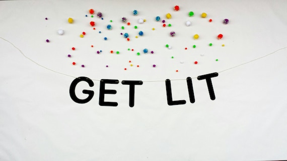 GET LIT - party banner-gold glitter-black glitter-pink glitter-birthday-wedding-engagement-bridal shower-bachelorette-party decor-wall decor Il_570xn