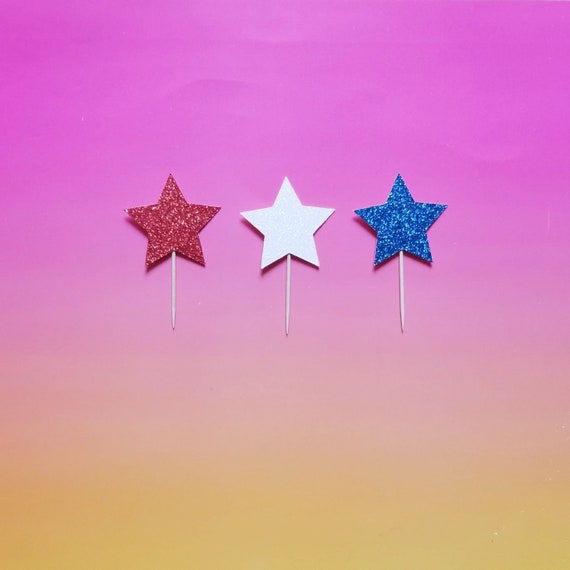 Red White & Blue Stars cupcake toppers -set of 12-glitter - fourth of july - party decor - independence day - party in the usa - cake topper Il_570xn