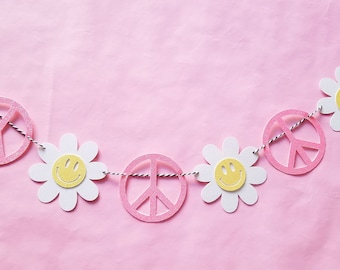 Peace and Smiley Face Daisy Garland - retro party decor - 70s party decor - hippie party decor - wall hanging - birthday party decor