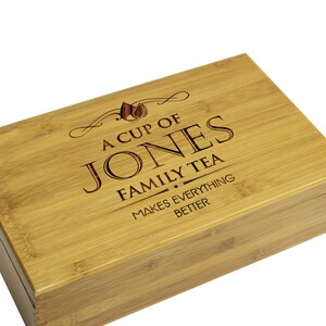 Engraved Tea Chest, Tea Caddy, Personalized Tea Storage Box, Tea Bag Organizer, Wooden Tea Box, Gifts For Her Gifts For Family Gifts For Mom image 3